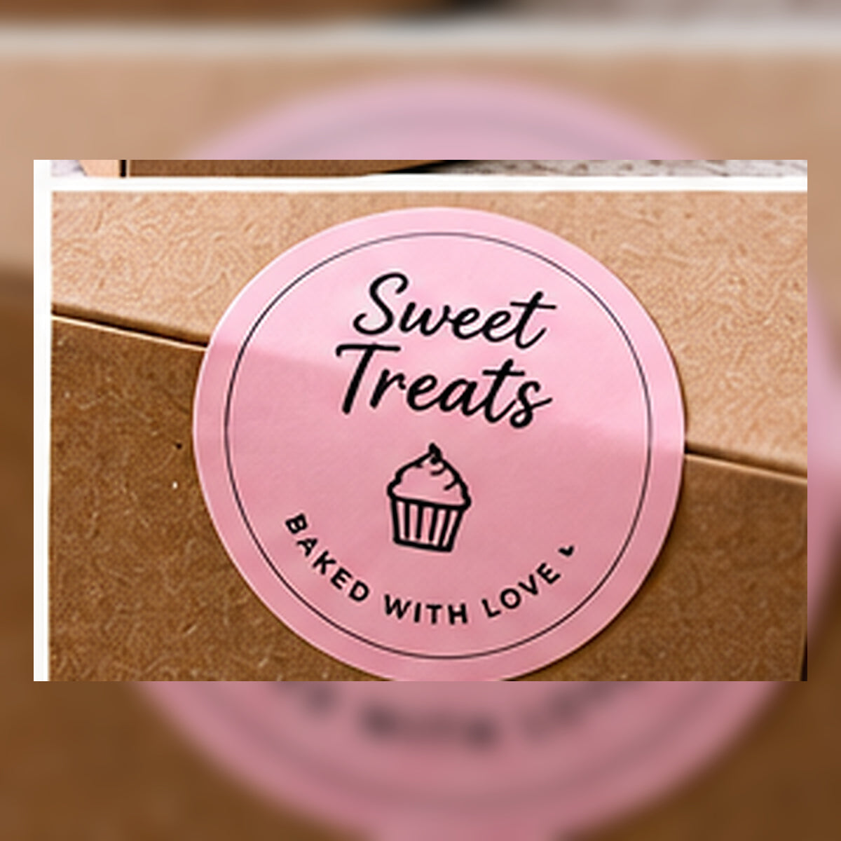 Close-up of a round bakery logo seal on packaging.