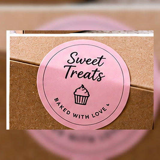 Close-up of a round bakery logo seal on packaging.