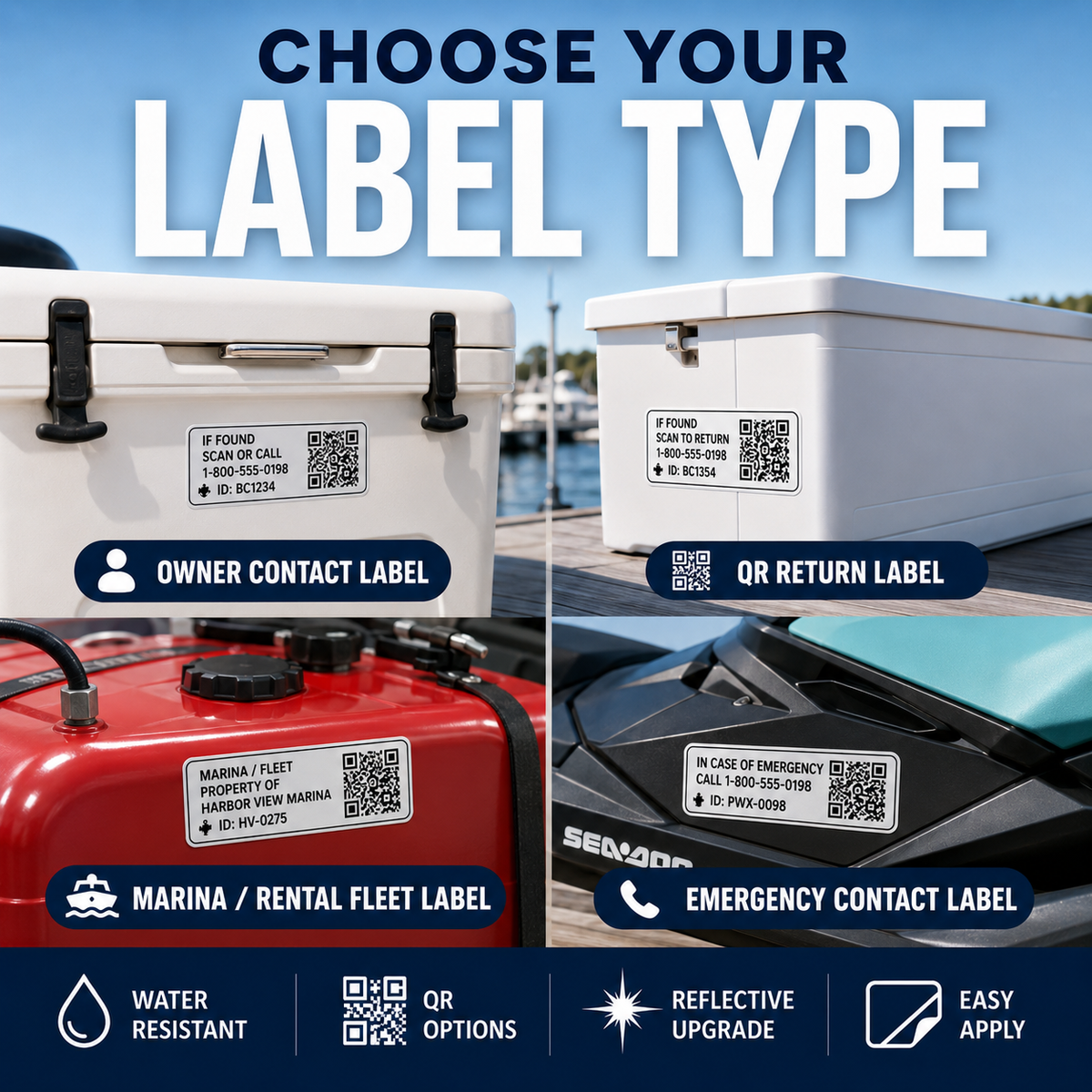 Owner contact QR return marina fleet and emergency contact recovery label layouts