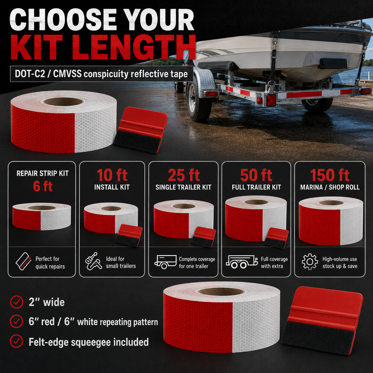 Boat trailer reflective tape kit options showing 6 ft 10 ft 25 ft 50 ft and 150 ft lengths