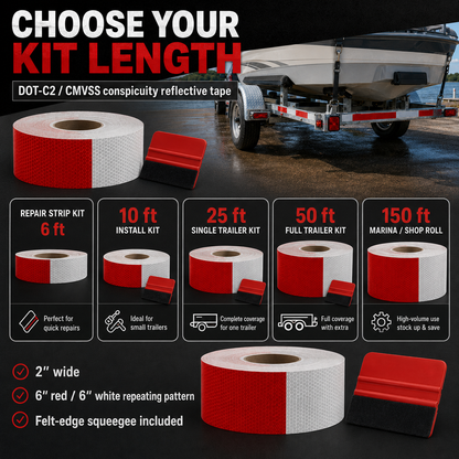 Boat trailer reflective tape kit options showing 6 ft 10 ft 25 ft 50 ft and 150 ft lengths