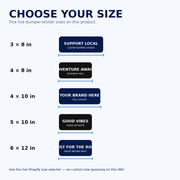 Bumper sticker size guide from 3x8 to 6x12 inches — pick the size that fits your vehicle