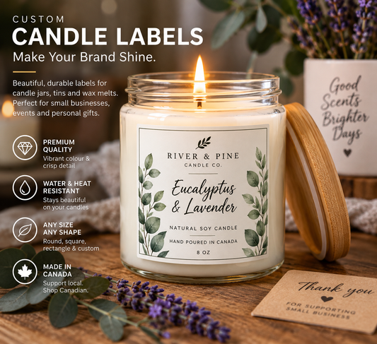 Close-up example of a custom candle label with botanical branding.