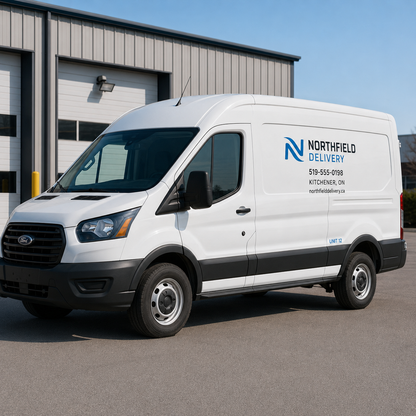 White cargo van with company name, phone number, and unit number on side panel