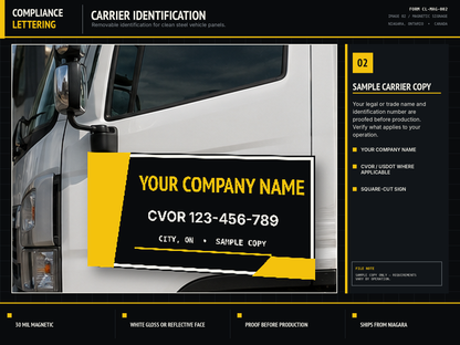 Carrier identification magnetic sign pair on a truck door