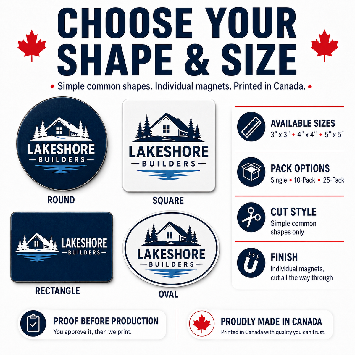 Choose a round, square, rectangle or oval custom logo magnet in three available size tiers