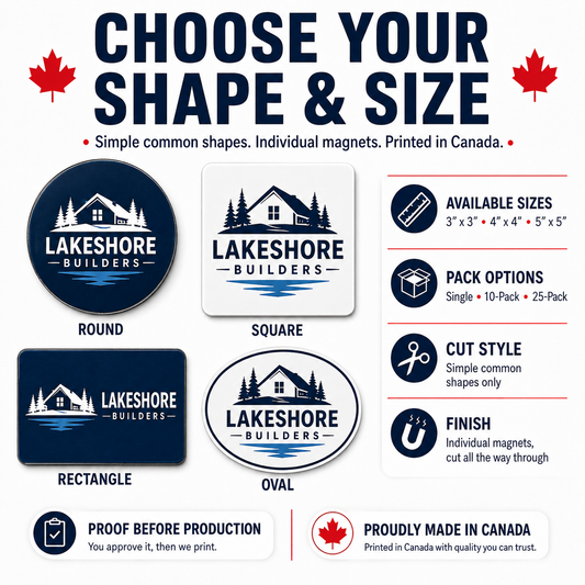 Choose a round, square, rectangle or oval custom logo magnet in three available size tiers