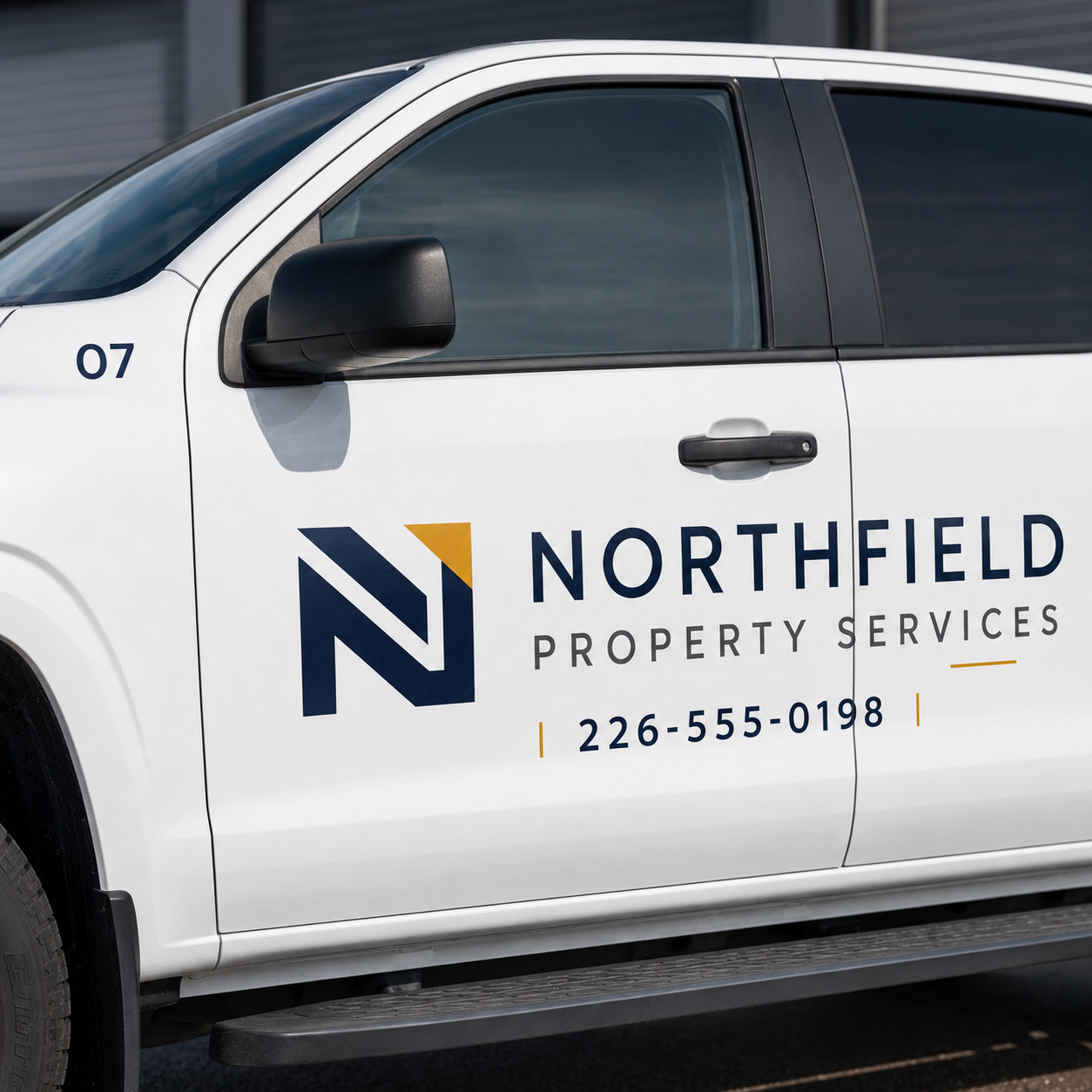 Close-up of pickup truck door showing company logo, company name, phone number, and unit number