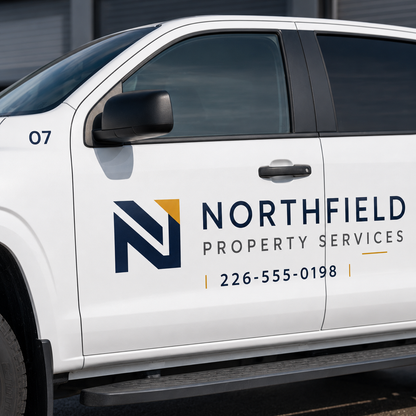 Close-up of pickup truck door showing company logo, company name, phone number, and unit number