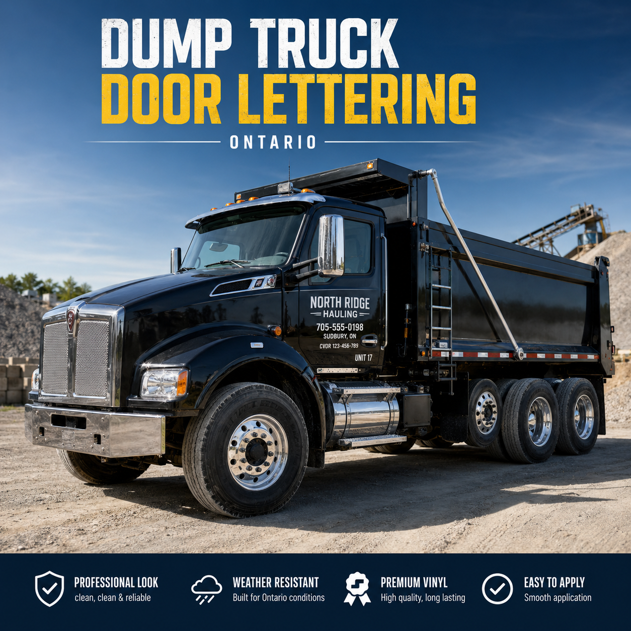 Close-up of dump truck door lettering with company name, phone, CVOR reference, and unit number