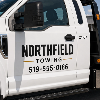 Close-up of a tow truck door showing the Northfield Towing name and phone number lettering layout.