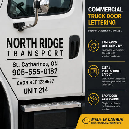 Close-up of commercial truck door lettering vinyl detail
