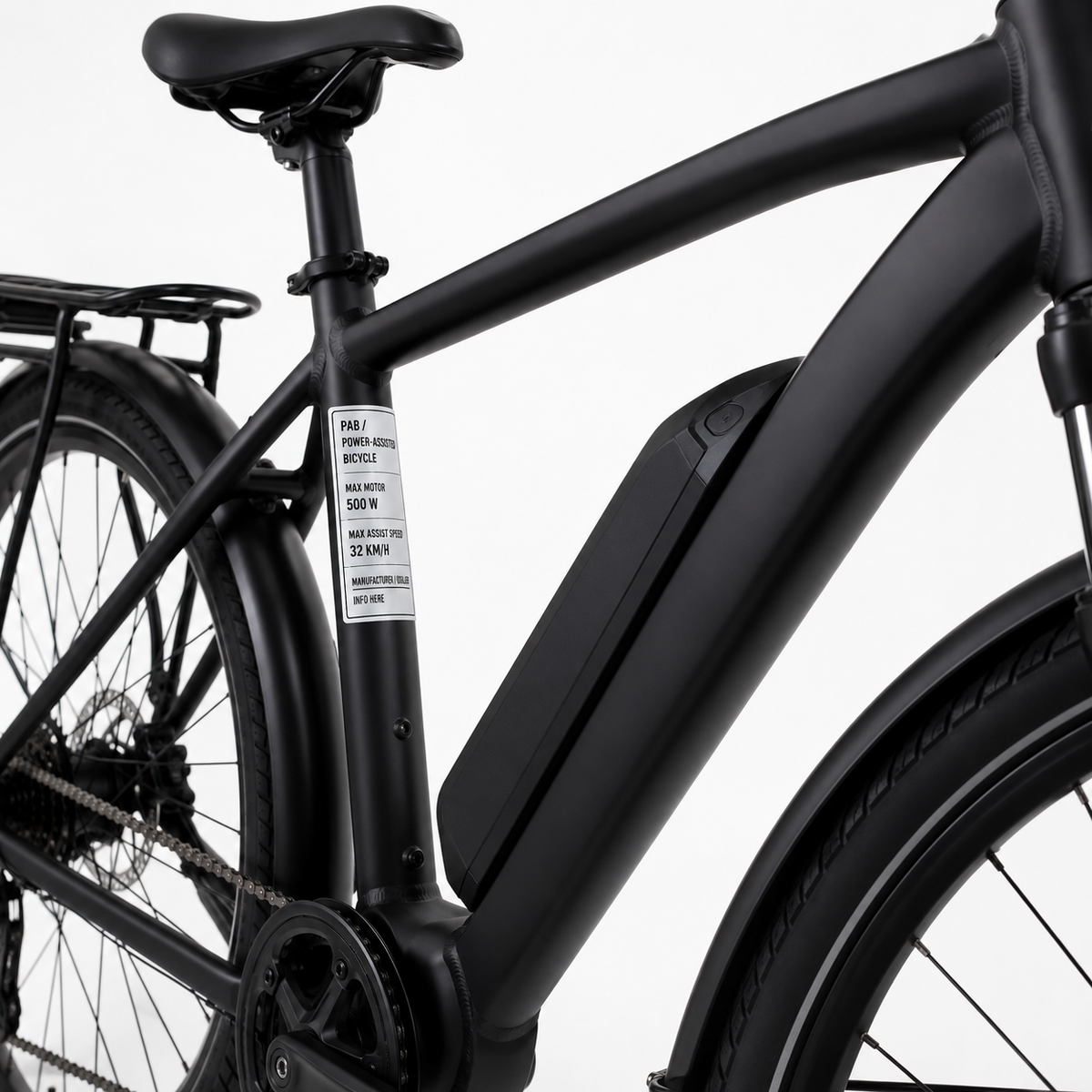 Close-up of Ontario PAB frame label on matte black e-bike frame