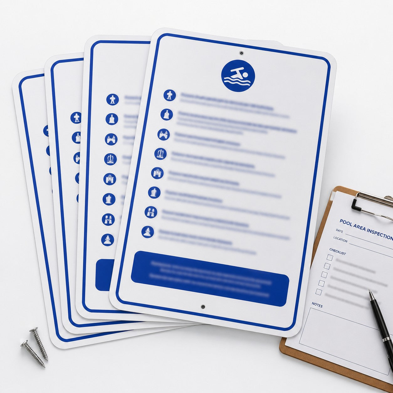 Complete custom pool sign kit with inspection checklist, screws, and aluminum signs