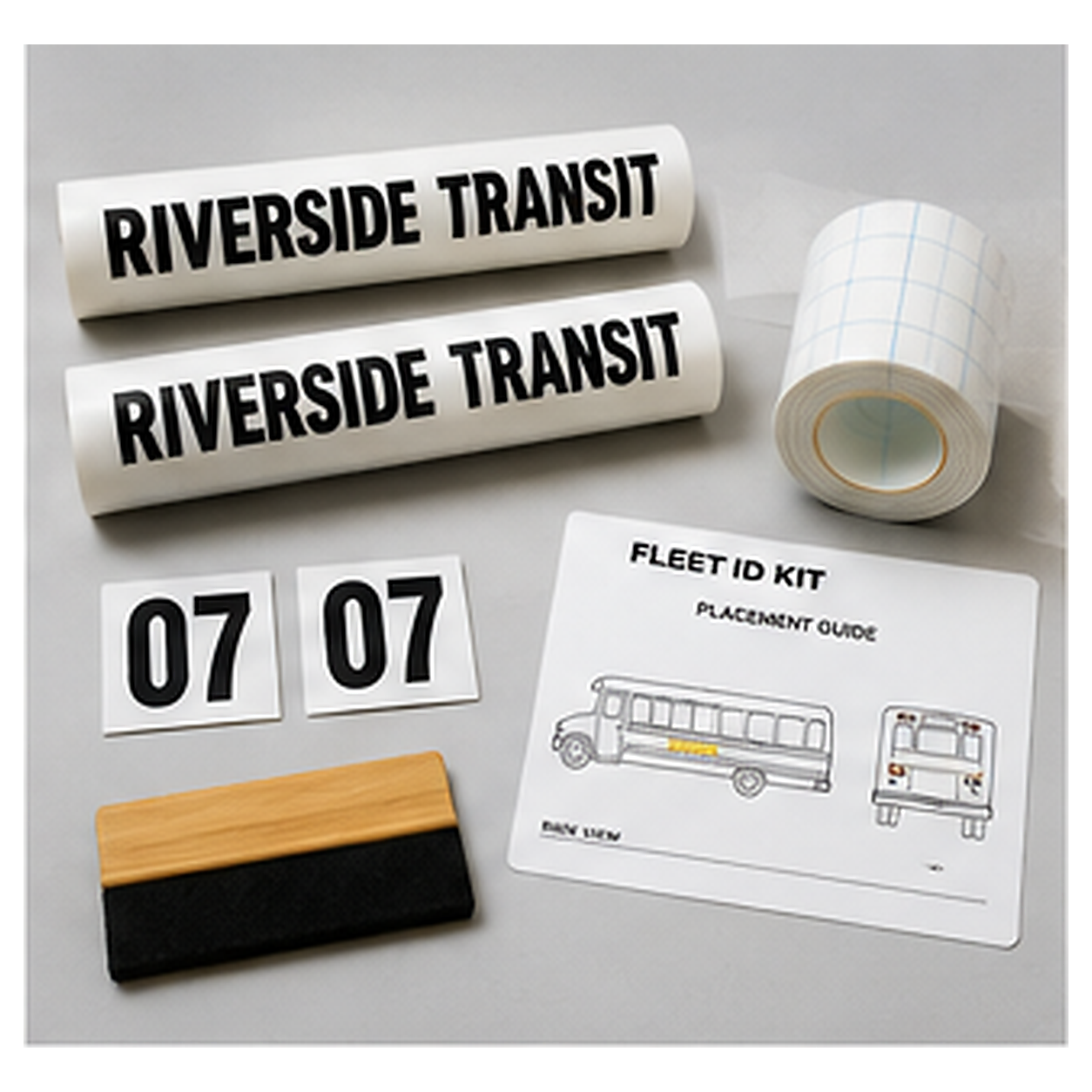 Standard Kit and Full Kit contents for the Ontario school bus fleet ID lettering kit with exact decal sizes