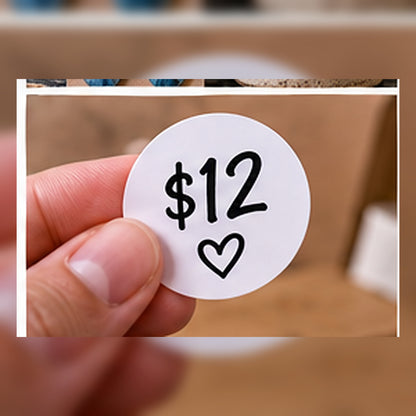Close-up of a simple round craft price label.
