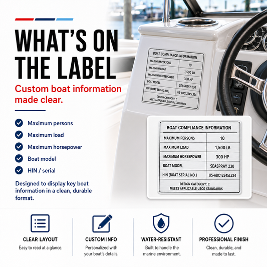 Boat compliance label infographic showing what information is included such as maximum persons, maximum load, maximum horsepower, boat model, and HIN or serial number.