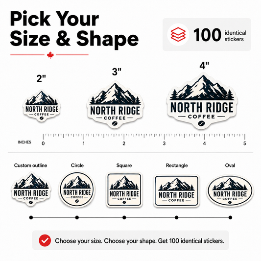 Size and shape guide comparing 2, 3 and 4 inch custom stickers in circle, square, rectangle and cut-to-artwork shapes