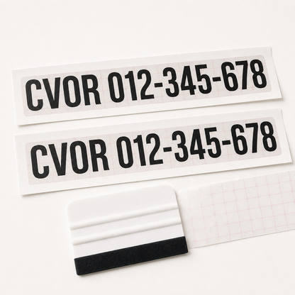 Matched pair of premasked black CVOR number-only door decals with felt-edge applicator