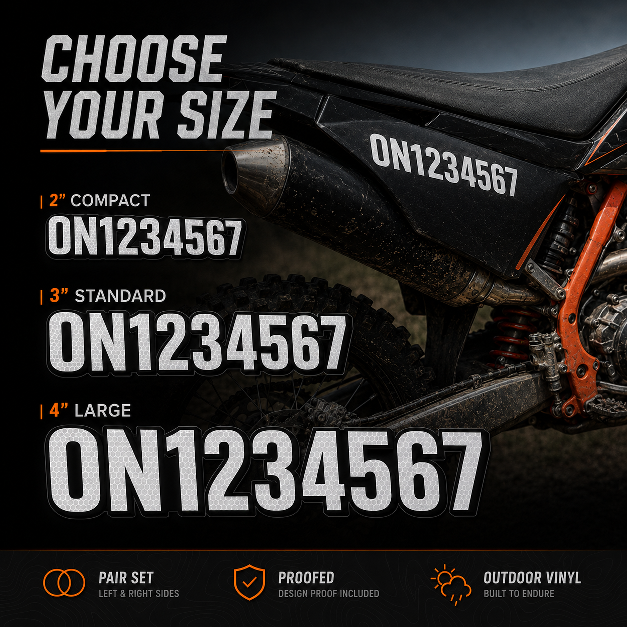 Dirt bike die-cut number decal size options in 2 inch 3 inch and 4 inch character heights