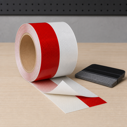 Illustrative red and white reflective tape roll with felt-edge squeegee