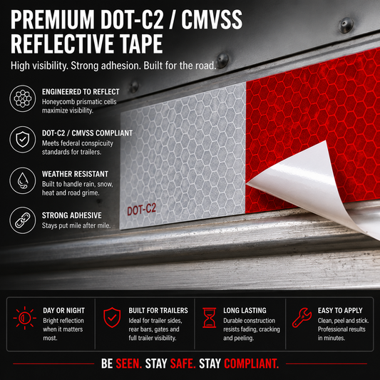 Close up of premium DOT-C2 CMVSS reflective tape with adhesive backing