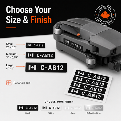 Drone label size and finish options in small medium and large formats