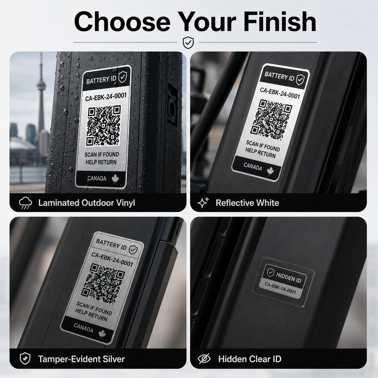 Standard white and premium white reflective e-bike battery label finish options