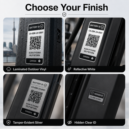 Standard white and premium white reflective e-bike battery label finish options