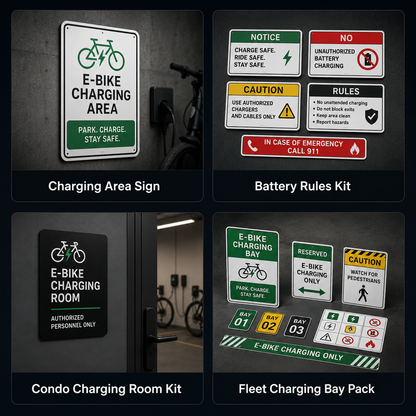 E-bike charging sign formats for walls doors posts and charging bays