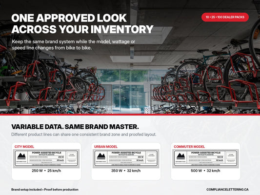 E-bike dealer label pack showing consistent Northwind Cycles branding with variable power, speed and model data across three labels.