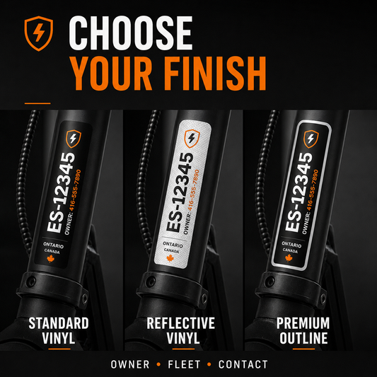 Electric scooter ID label finish options in outdoor vinyl reflective vinyl and premium outline