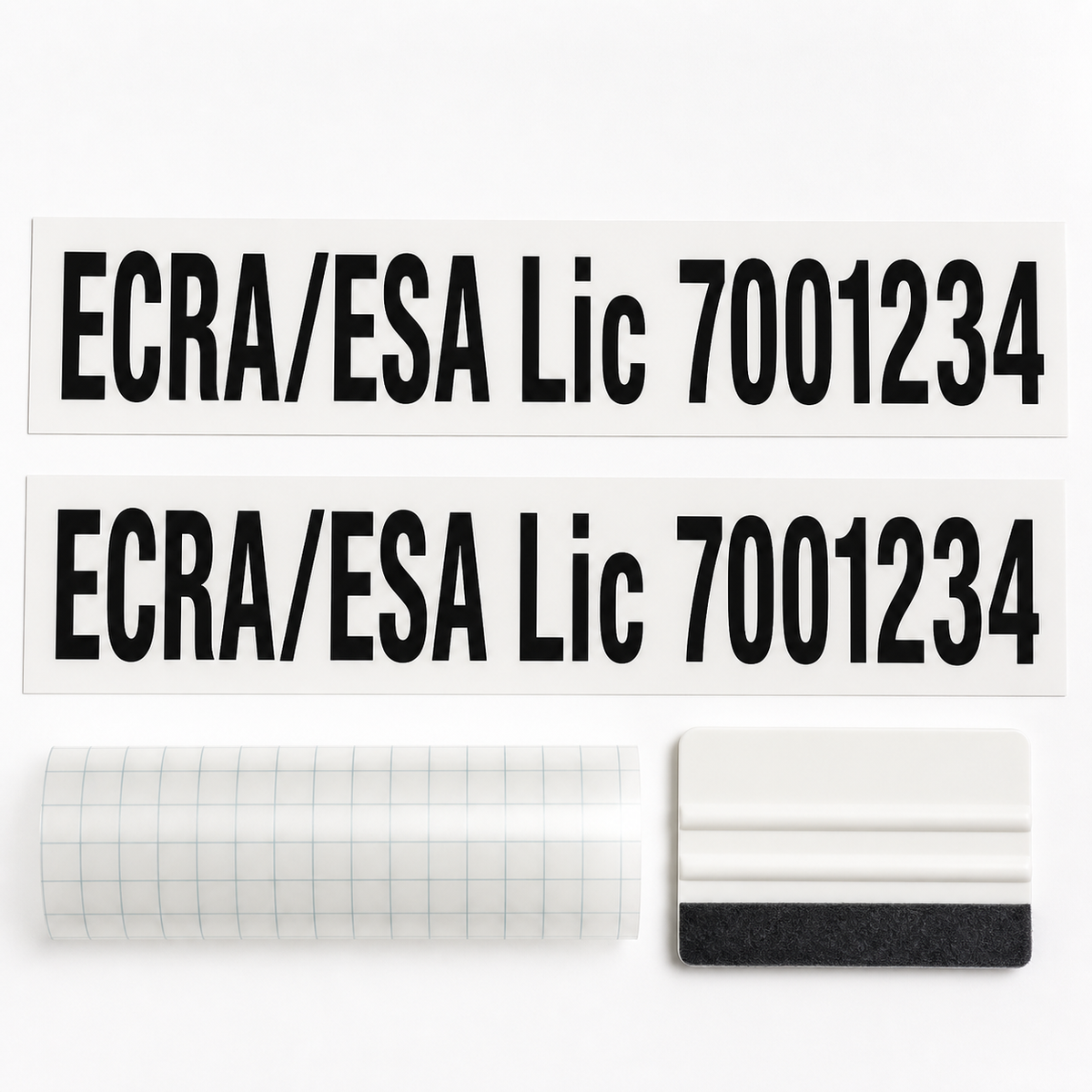 Matched ECRA/ESA licence-number vinyl lettering pair with transfer tape and application squeegee.