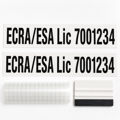 Matched ECRA/ESA licence-number vinyl lettering pair with transfer tape and application squeegee.
