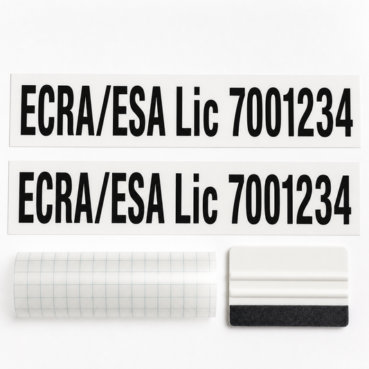 Matched ECRA/ESA licence-number vinyl lettering pair with transfer tape and application squeegee.