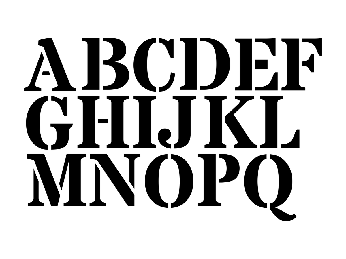 Field Stencil lettering kit: military-style stencil capitals with cut bridges, shown as cut vinyl letters on a light background - Vinyl Alphabet Letters — A-Z 0-9 Kit