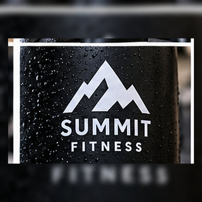 Close-up of a custom gym logo sticker on a bottle.