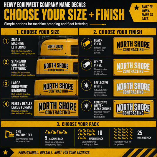Heavy equipment company name decal size finish and pack options