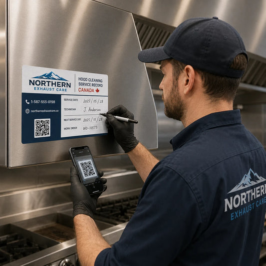 Close view of a hood cleaning service record sticker showing blank writable fields and QR code area