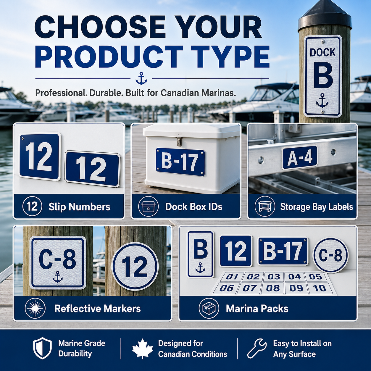 Marina sign options for slip numbers dock box IDs storage bay labels reflective markers and full numbering packs