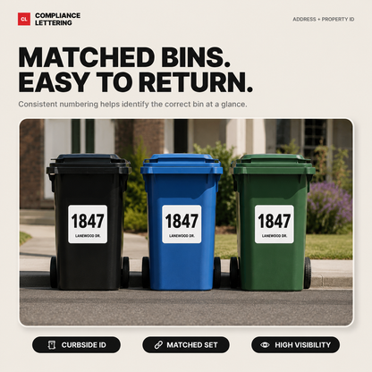 Matched set of numbered garbage, recycling and organics bins