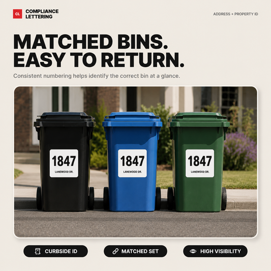 Matched set of numbered garbage, recycling and organics bins