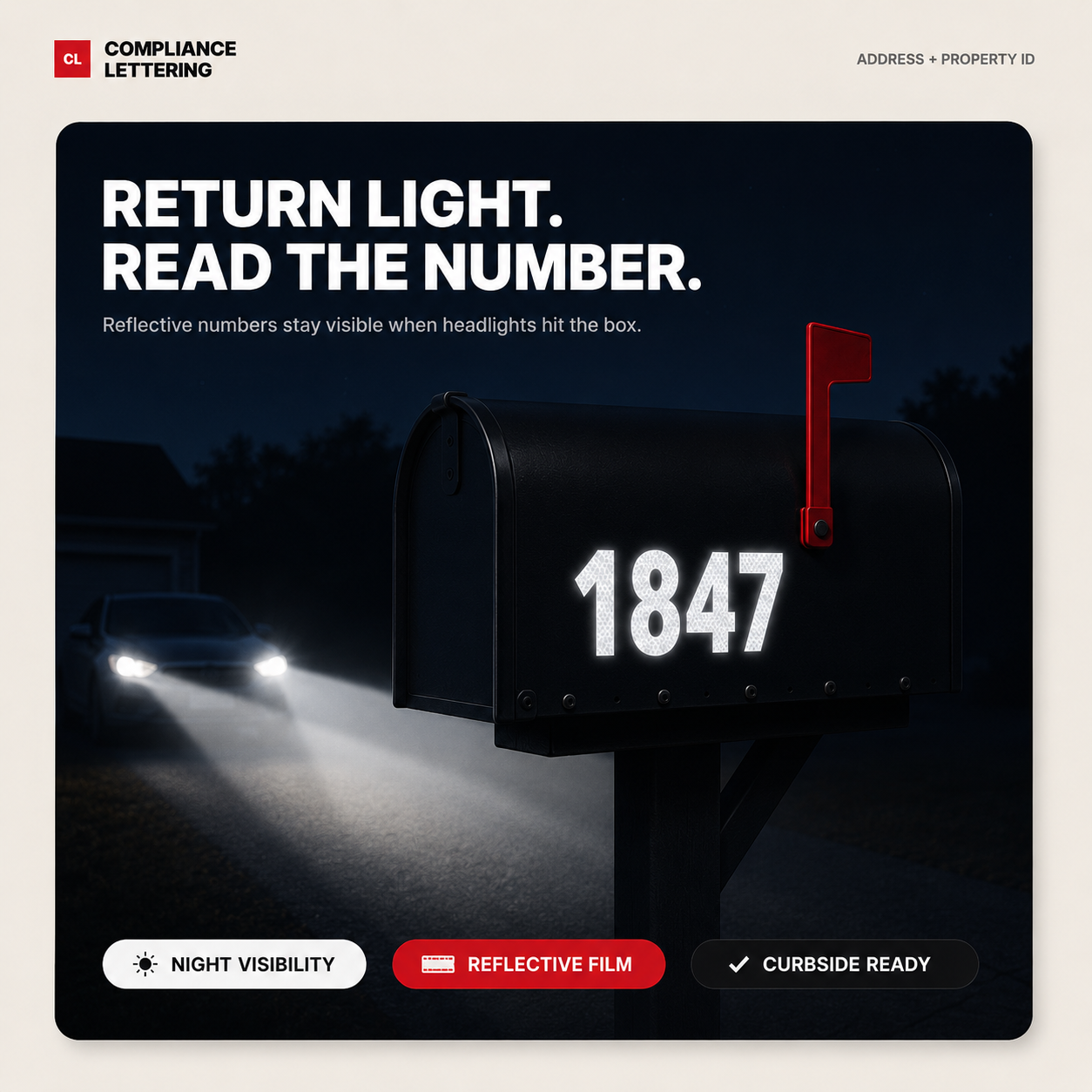 Reflective mailbox numbers glowing under headlights at night