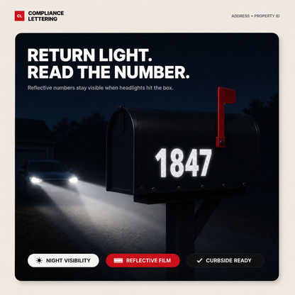 Reflective mailbox numbers glowing under headlights at night