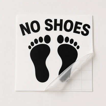 Black No Shoes footprint boat decal shown under clear transfer tape before installation