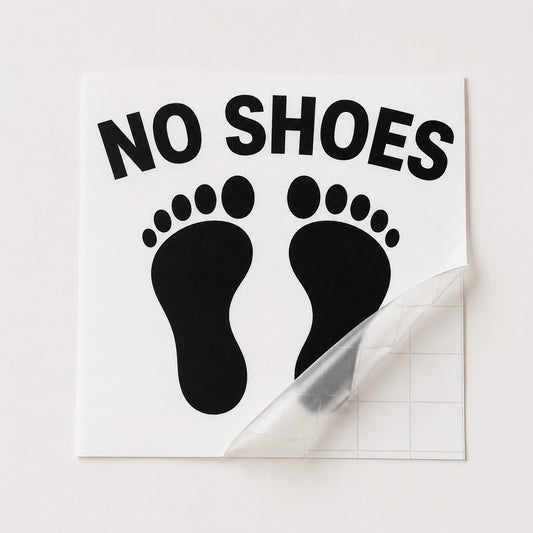 Black No Shoes footprint boat decal shown under clear transfer tape before installation