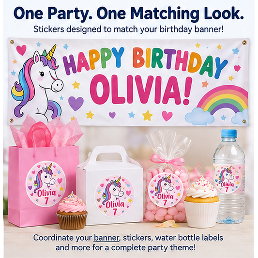 Matching personalized birthday banner and round party stickers in the same Olivia unicorn theme