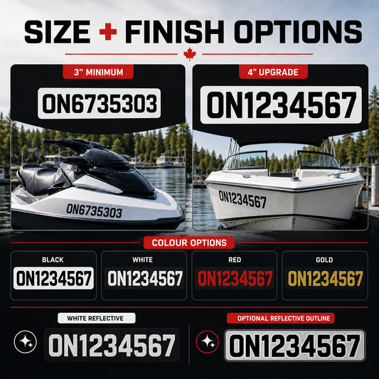 PWC and boat number decal size and finish options with 3 inch, 4 inch, black, white, red, gold, reflective and outline choices