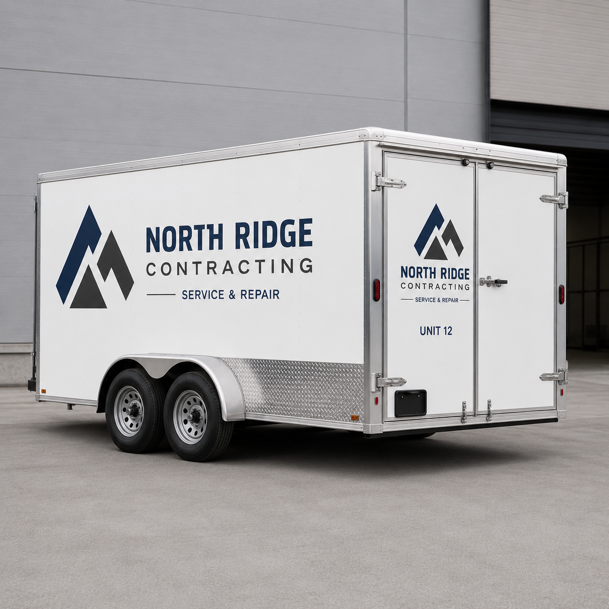Custom trailer branding decals on side and rear door of white enclosed trailer