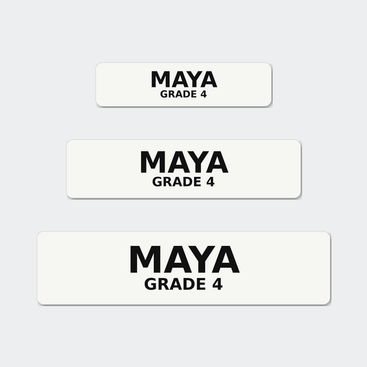 The three name strip sizes, 3 by 0.75, 4 by 1 and 5 by 1.25 inches, shown at true relative scale.